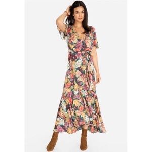 Johnny Was Jade Dress XS Maxi Wrap Elastic Waist High Low Hem Ruffle Floral